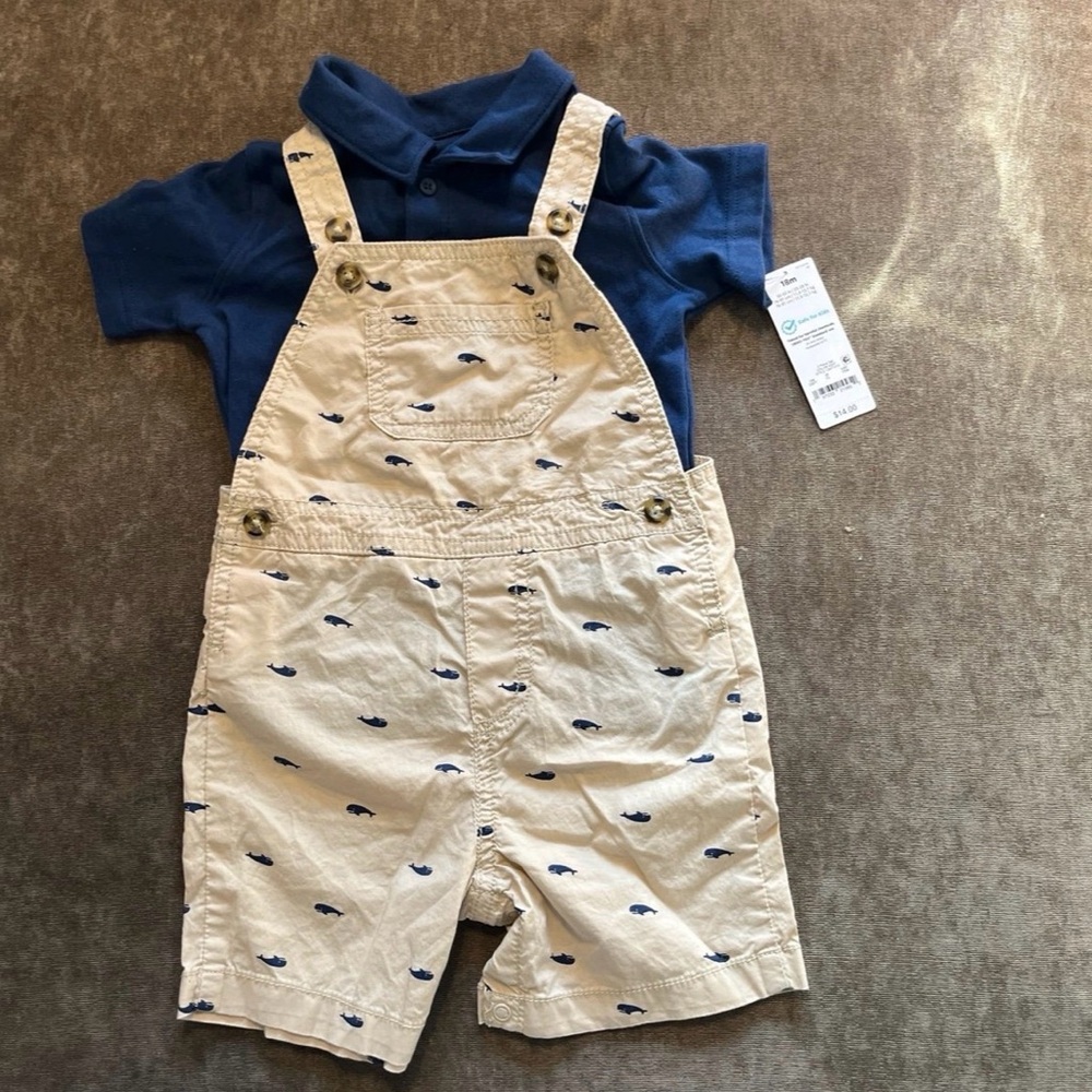 Carter’s Beige Whale Print Shortalls with Navy Polo